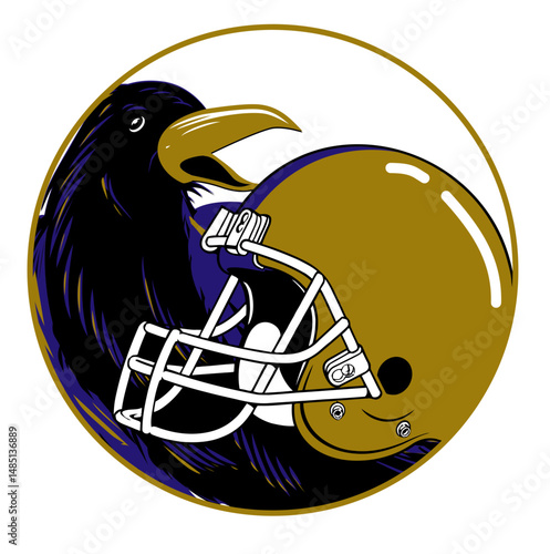Football helmet and a raven combined in a bold vector design. Black, gold and purple color scheme, perfect for strong, aggressive sports graphics and team-themed artwork.