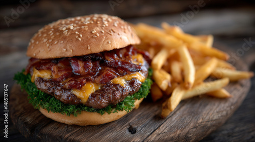 Wallpaper Mural Rustic wooden board featuring a perfectly grilled double cheeseburger with crisp lettuce, thick bacon slices, and melted cheese, with hot french fries fanned out beside it Torontodigital.ca