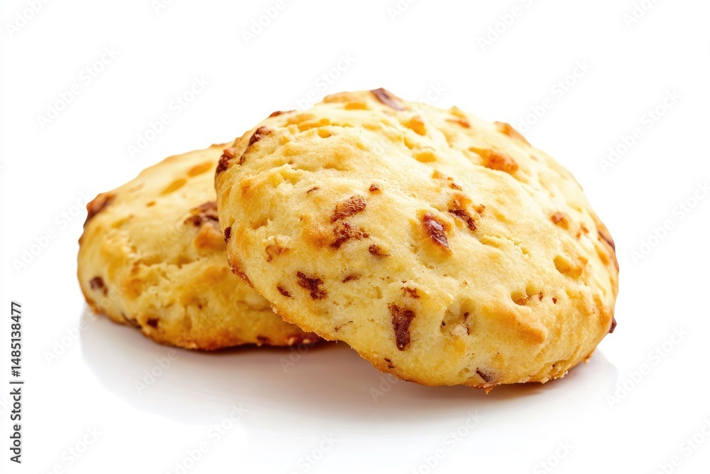 Fototapeta premium Two golden brown, slightly raised, round biscuits, topped with scattered bits of cheese and savory fillings, rest on a white surface