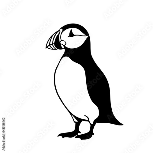 Minimalist black silhouette of a puffin with colorful beak on white background