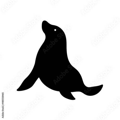 Minimalist black silhouette of a sea lion balancing on a white background