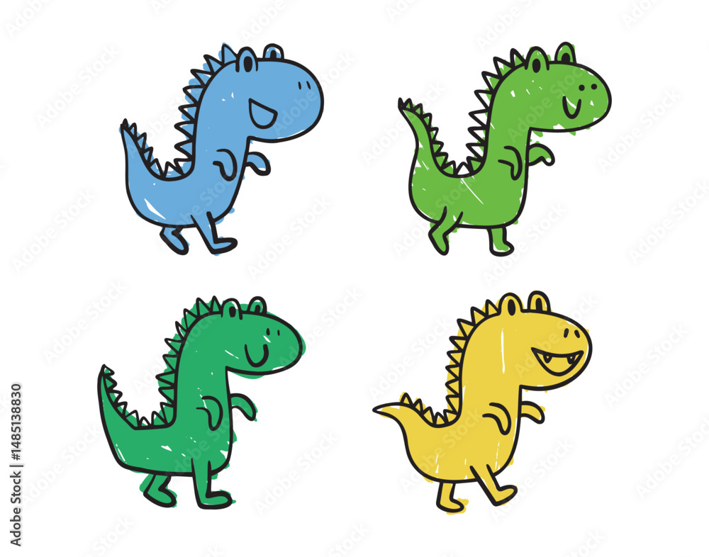 Obraz premium Funny green doodle hand drawn cartoon cute dinosaur set. Baby art, dinosaur with smile character