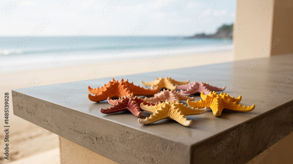 Starfish and pebbles on a countertop with a beach view