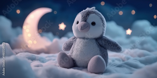 Wallpaper Mural Plush penguin toy sitting on fluffy clouds under crescent moon and stars, fantasy night sky
 Torontodigital.ca