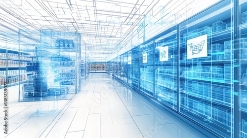 Futuristic grocery store with digital displays