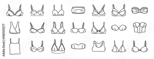Lingerie fashion feminine lacy woman underwear bra icon doodle hand drawn. Outline line drawing clipart symbol