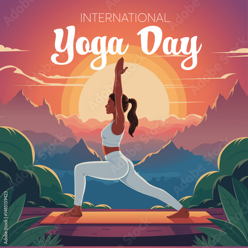Woman Practicing Yoga at Sunrise on International Yoga Day – Vector Illustration of Warrior Pose in Nature