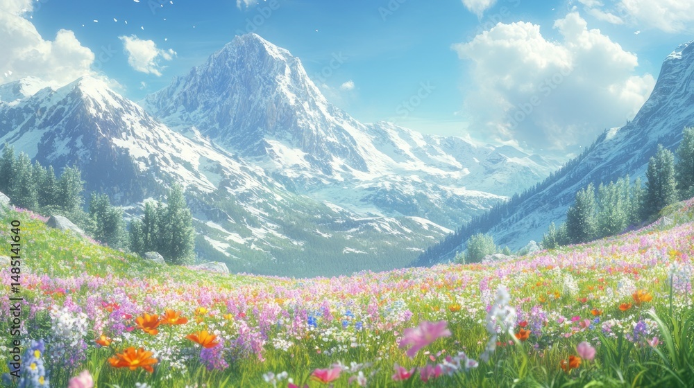Fototapeta premium Vibrant wildflower meadow against majestic snow mountains