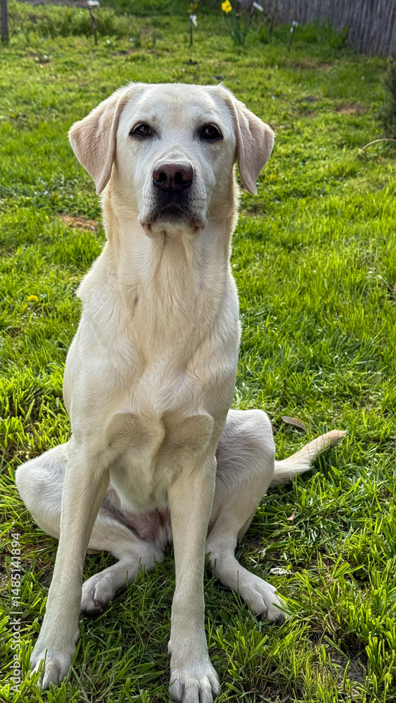 Golden Labrador posed nobly on verdant grass, embodying companionship during Greenery Day, canine elegance amid spring's renewal Golden Labrador posed nobly on verdant grass, embodying companionship during Greenery Day, canine elegance amid spring's renewal