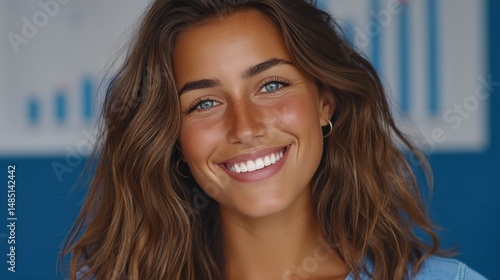 Young woman with captivating smile radiating confidence and charm against a vibrant background showcasing business charts and graphs emphasizing positivity and professional growth