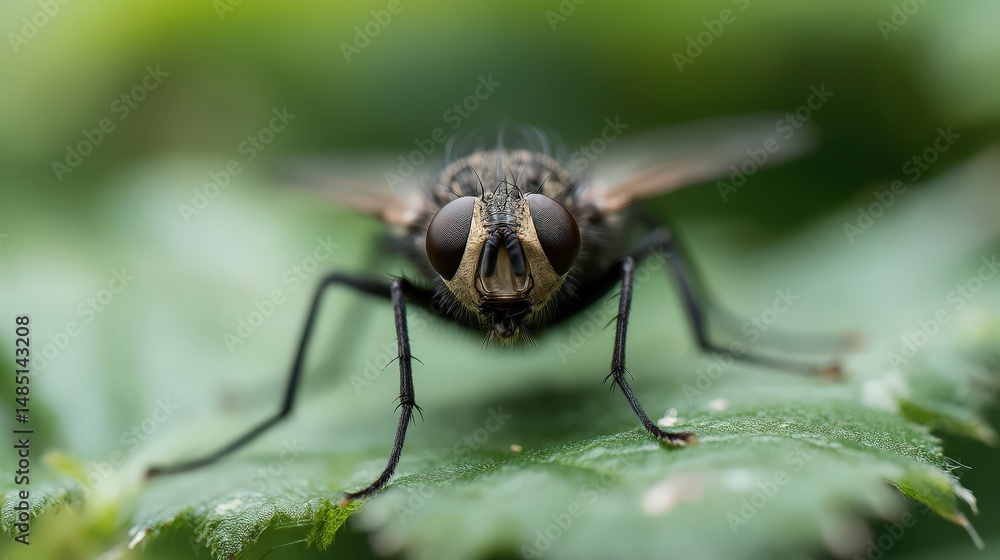 Close-up view of a fly resting on a green leaf Close-up view of a fly resting on a green leaf