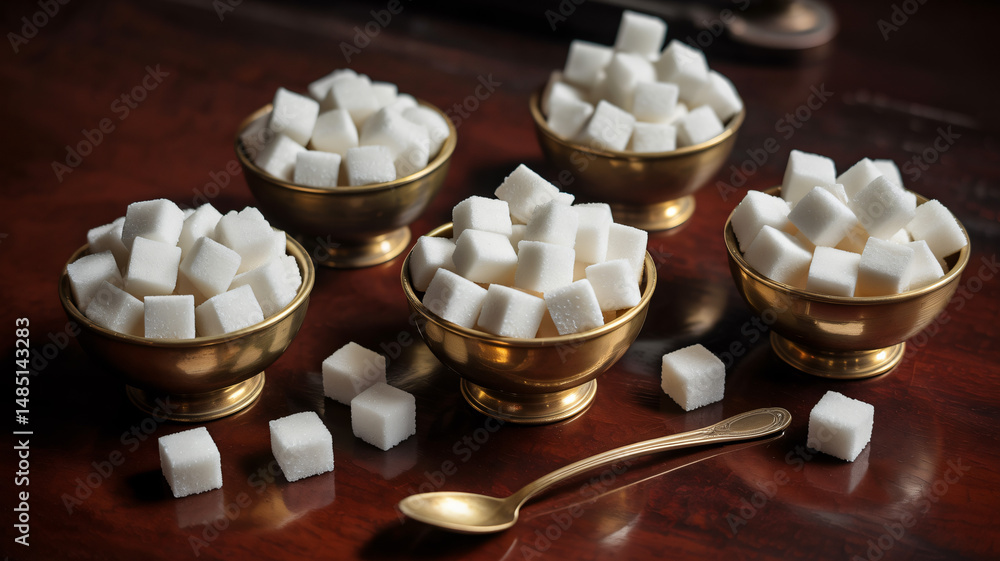 Sugar cubes arranged in wooden bowls on a dark surface showing diverse quantities