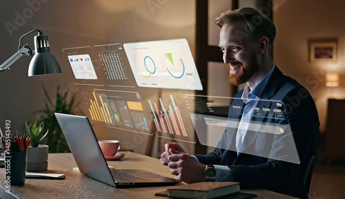 a man smiling at his laptop while working with data visualization on a digital screen with financial charts, bar graphs, and pie charts