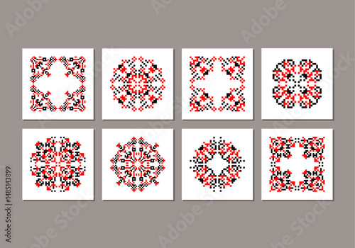 Set of traditional Ukrainian folk knitted embroidery ethnic mandala ornament vyshyvanka