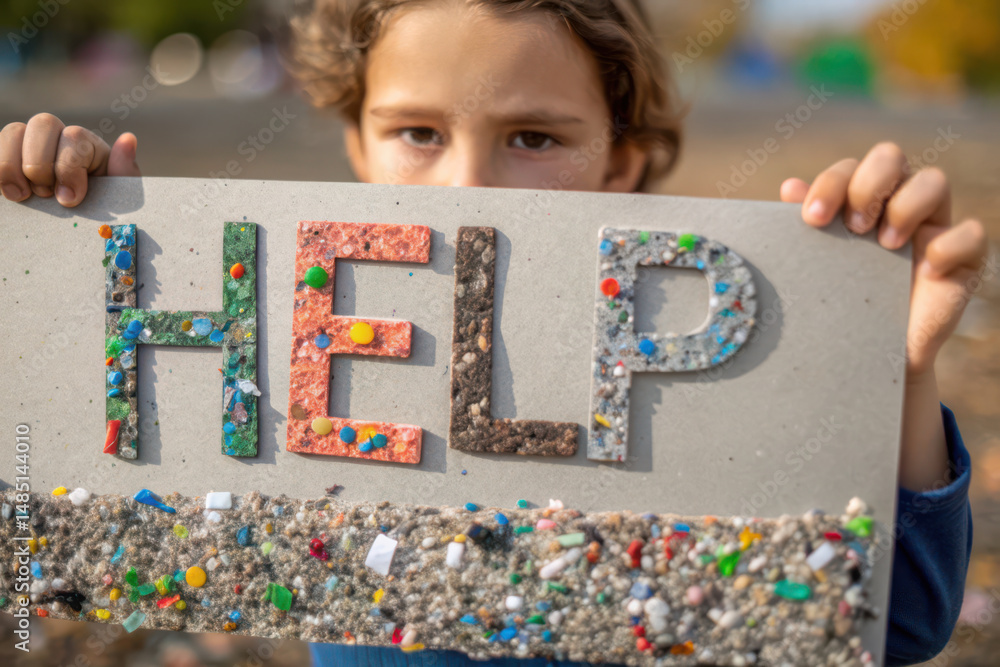 Fototapeta premium Child holding sign made of recycled materials with word HELP to raise awareness about pollution