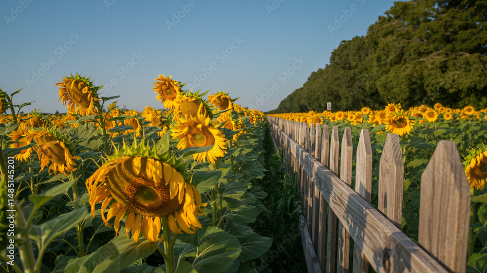 Sunny field of sunflowers framed by a wooden fence