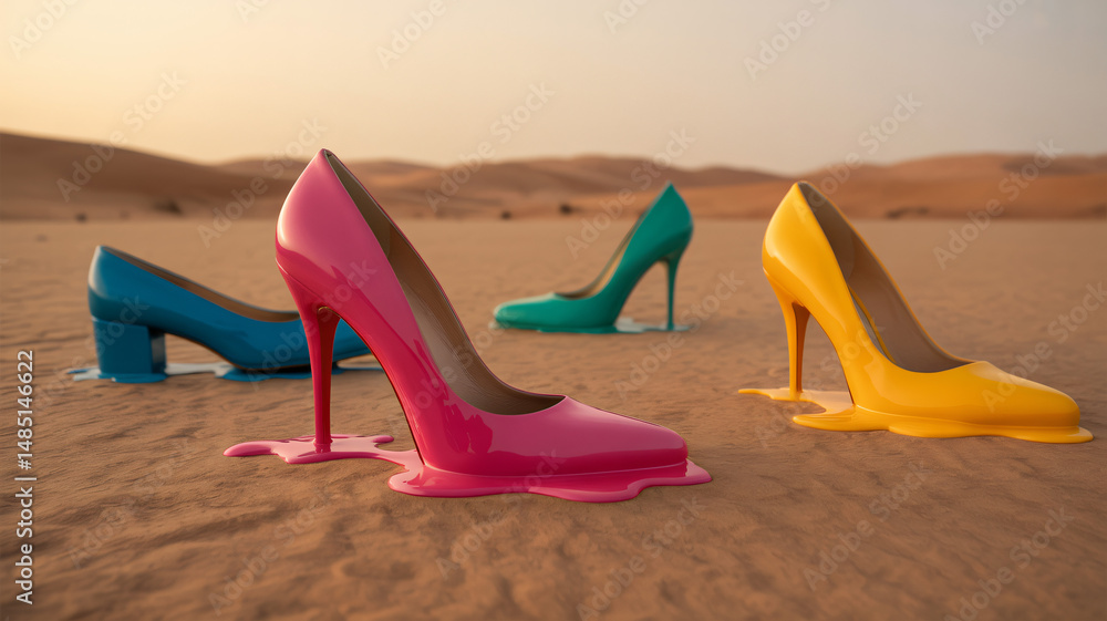 Surreal desert landscape with colorful high heels melting