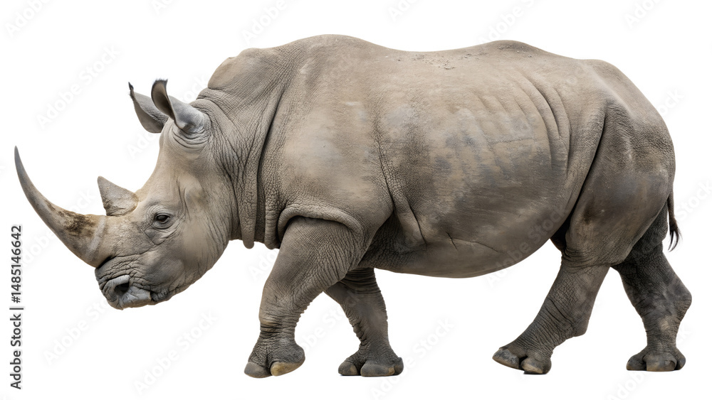 Obraz premium A Gray Rhinoceros walking to the left isolated on transparent background Generative Ai PNG
