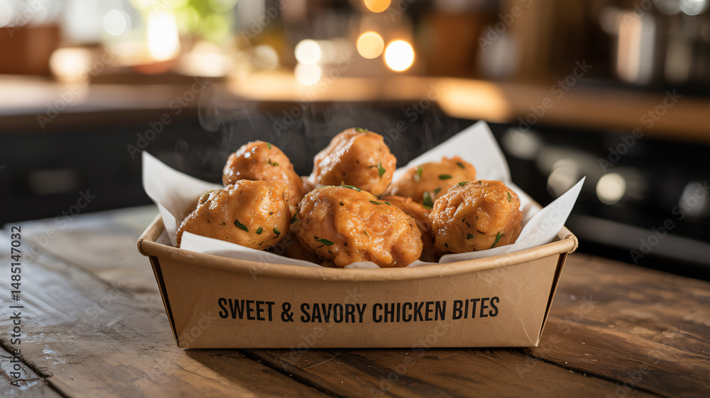 Sweet and savory chicken bites served in a paper container showcasing golden-brown crispy chicken pi