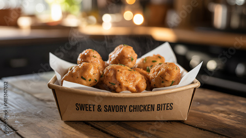 Obraz na płótnie Sweet and savory chicken bites served in a paper container showcasing golden-brown crispy chicken pi w salonie