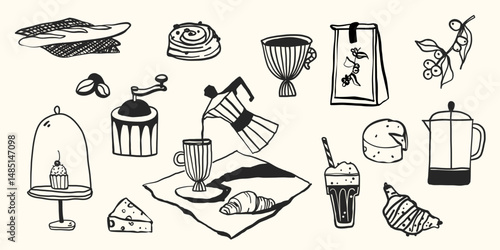 Coffee breakfast food doodle hand drawn in simple line style. Vector whimsical illustration for party, menu illustration design, restaurant, cafe. 