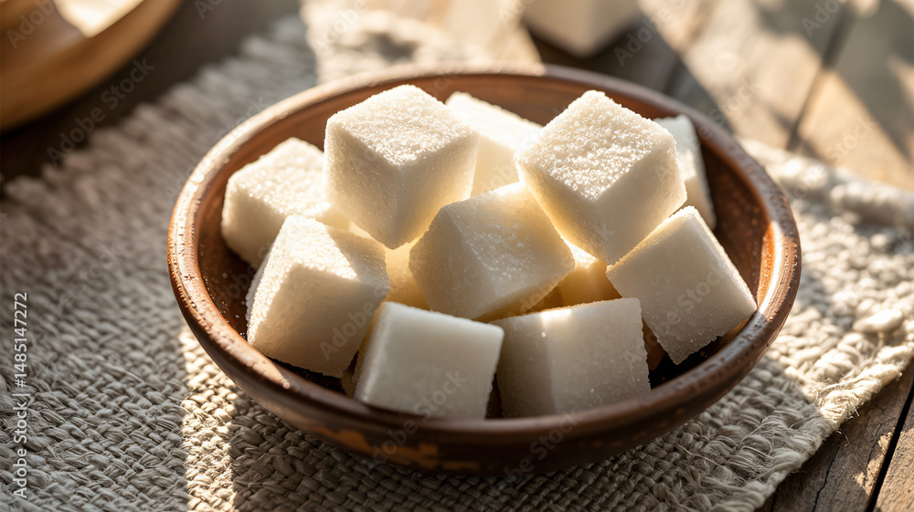 Sweet Sugar Cubes in a Brown Bowl on a Textured Cloth Table