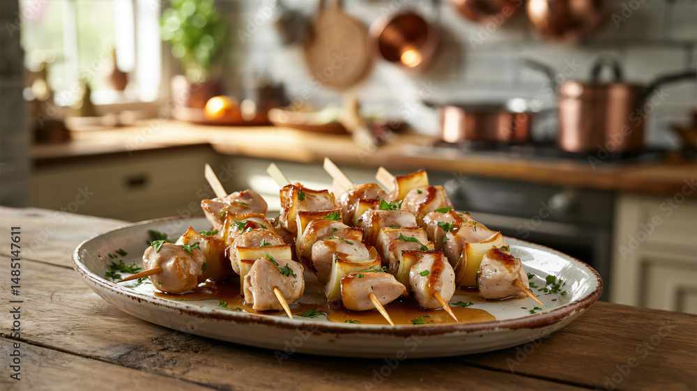 Tasty skewers with chicken and onion on a serving dish