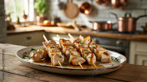 Obraz na płótnie Tasty skewers with chicken and onion on a serving dish w salonie