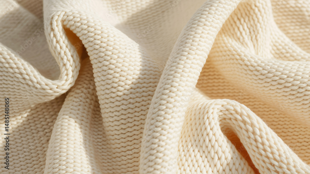 Textured cream knitted fabric close-up for background and textile design projects