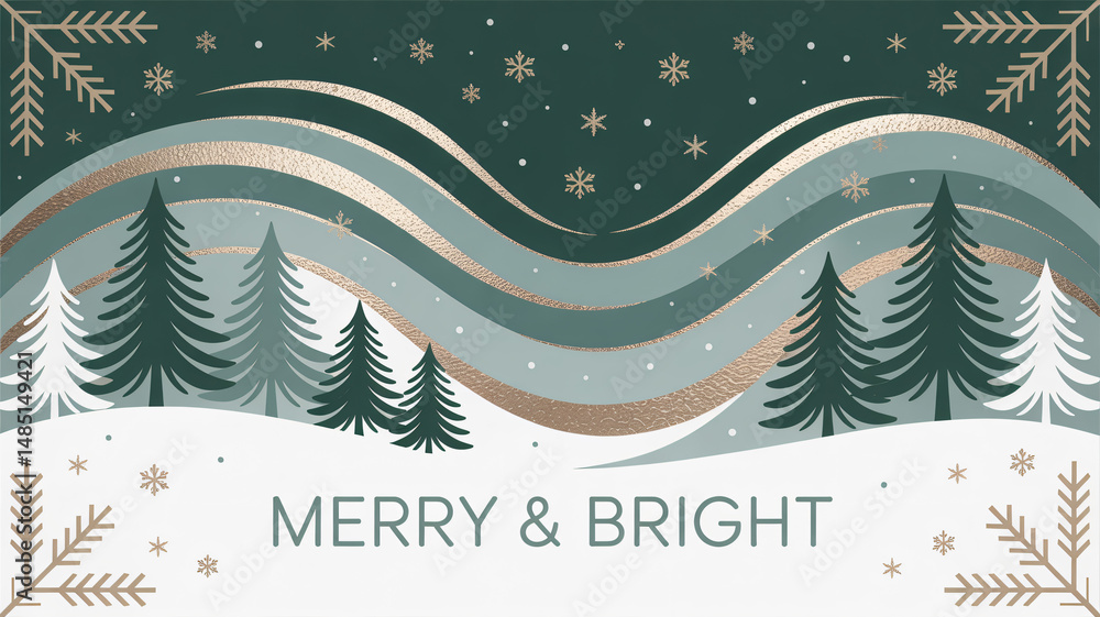 The illustration depicts a modern Christmas design with winter textures fir trees and snowflakes