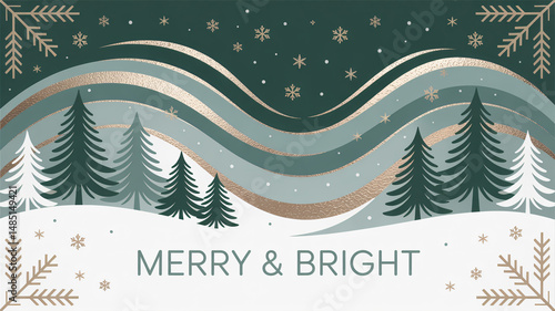 The illustration depicts a modern Christmas design with winter textures fir trees and snowflakes
