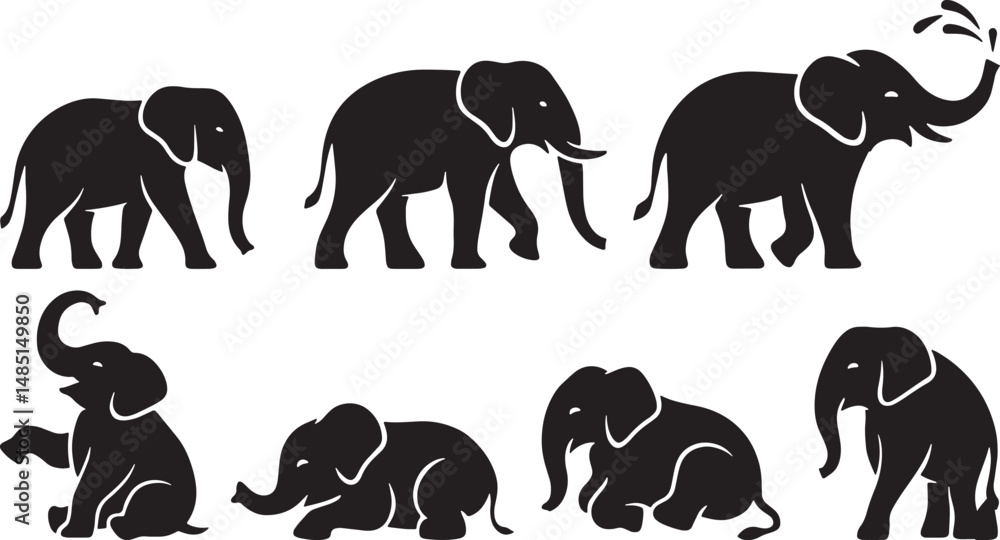 Φωτογραφία Elephant Silhouette Vector Collection, Isolated on White