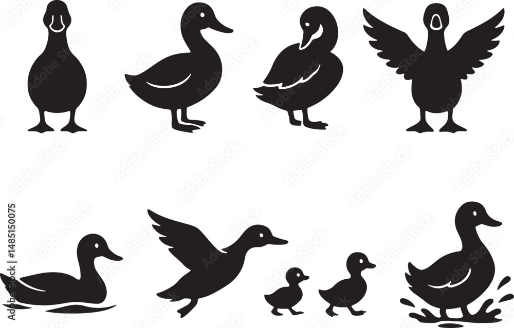 Obraz premium Duck Silhouettes Vector Illustration Isolated on White Background