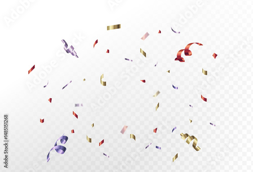 purple,red,and gold, confetti and ribbon streamers falling on a transparent background. blurred. Big and small,abstract frame,Vector. eps 10	