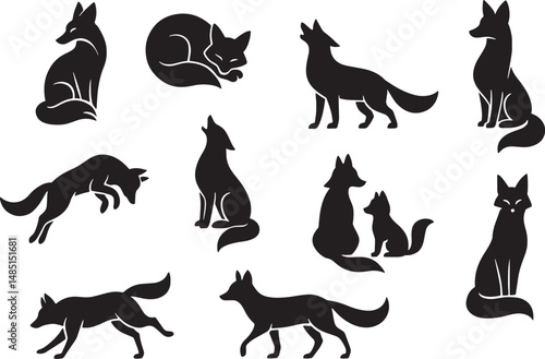 Fox Silhouettes Vector Set, Isolated on White Background