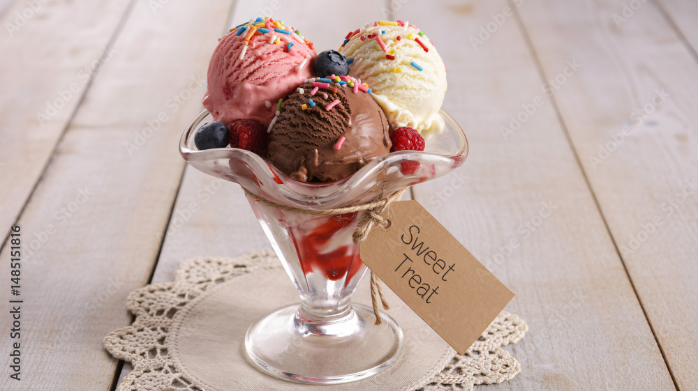 Three scoops of ice cream in a glass sundae dish topped with colorful sprinkles and fresh berries