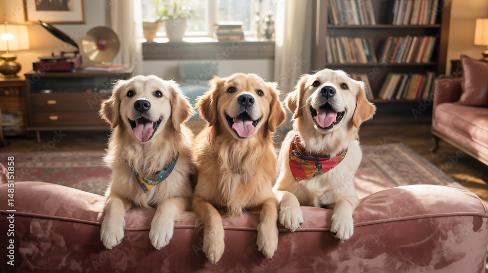 Three happy dogs singing in harmony on a couch