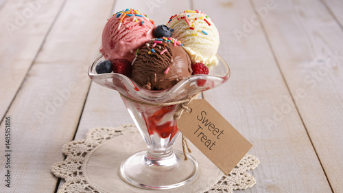 Obraz na płótnie Three scoops of ice cream in a glass sundae dish topped with colorful sprinkles and fresh berries w salonie