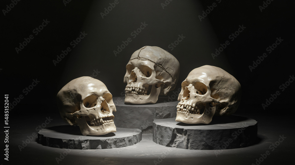 Three skulls illuminated by a spotlight in a dark space