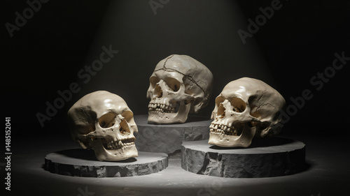 Obraz na płótnie Three skulls illuminated by a spotlight in a dark space w salonie