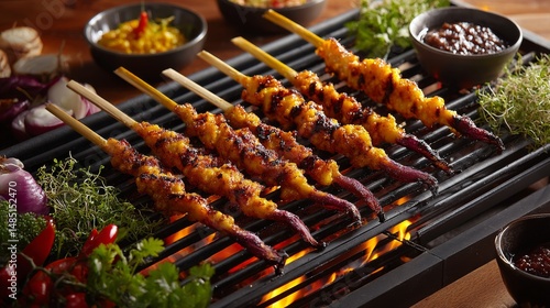 squid satay being grilled over flames, highlighting the juicy texture and vibrant marinade, with smoke rising in the background