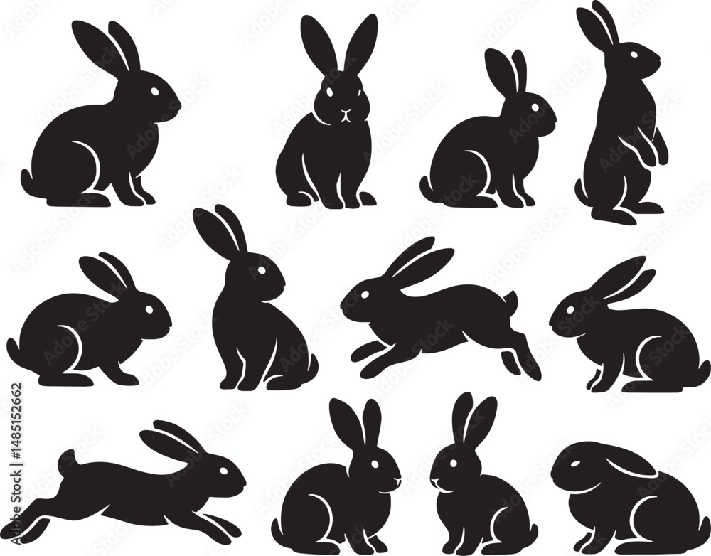 Fototapeta premium Rabbit Silhouettes Vector Illustration on White Background