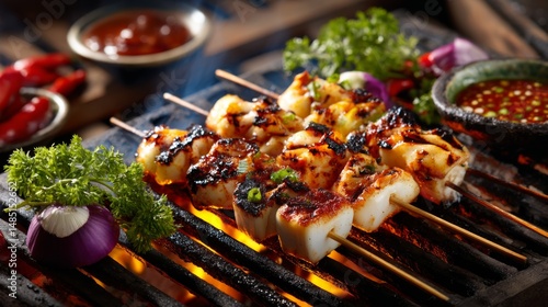 squid satay being grilled over flames, highlighting the juicy texture and vibrant marinade, with smoke rising in the background