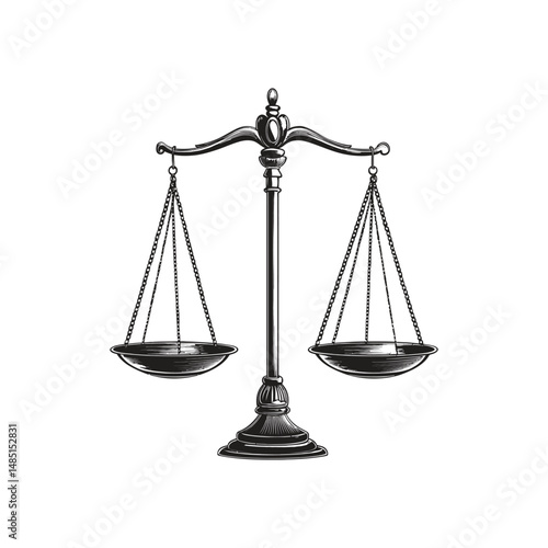 Engraved antique scale of justice with bowls hanging from chains, transparent background