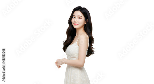 Beautiful Young East Asian (South Korea)Woman with Long Dark Hair and Natural Makeup in Camisole, Bright Minimalist Background, Beauty and Lifestyle Concept