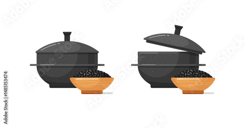 Gamasot and black rice in ceramic or wooden deep bowl. Korean pot for stew and boil hot soup and spicy sauce. Icons of asian iron cauldrons with lids. Vector cartoon isolated illustrations