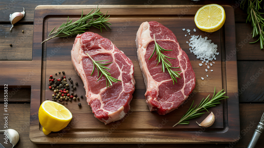 Top View of Veal Steaks with Rosemary on a Wooden Cutting Board and Cooking Ingredients