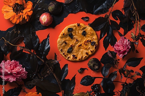 Exotic floral display with flatbread