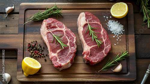 Obraz na płótnie Top View of Veal Steaks with Rosemary on a Wooden Cutting Board and Cooking Ingredients w salonie