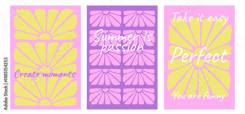 Groovy retro abstract sun with motivational phrase backgrounds. Organic doodle shapes in trendy naive hippie 60s 70s style.
